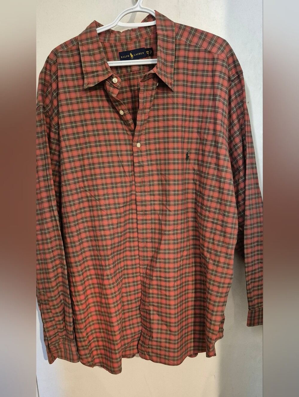 Ralph Lauren Men's Orange-Red and Green Plaid Button-Down Shirt Sz.3XB